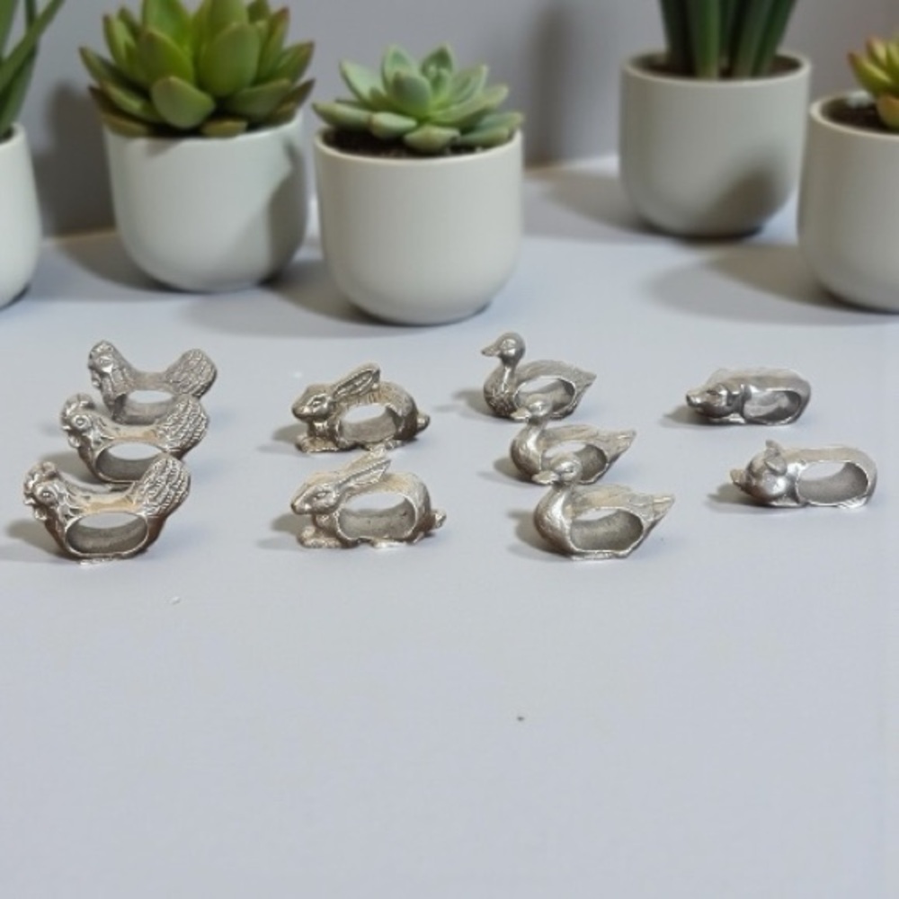 Silver plated  Animal Napkin Holders Set of 10. Pigs, ducks, roosters, rabbits